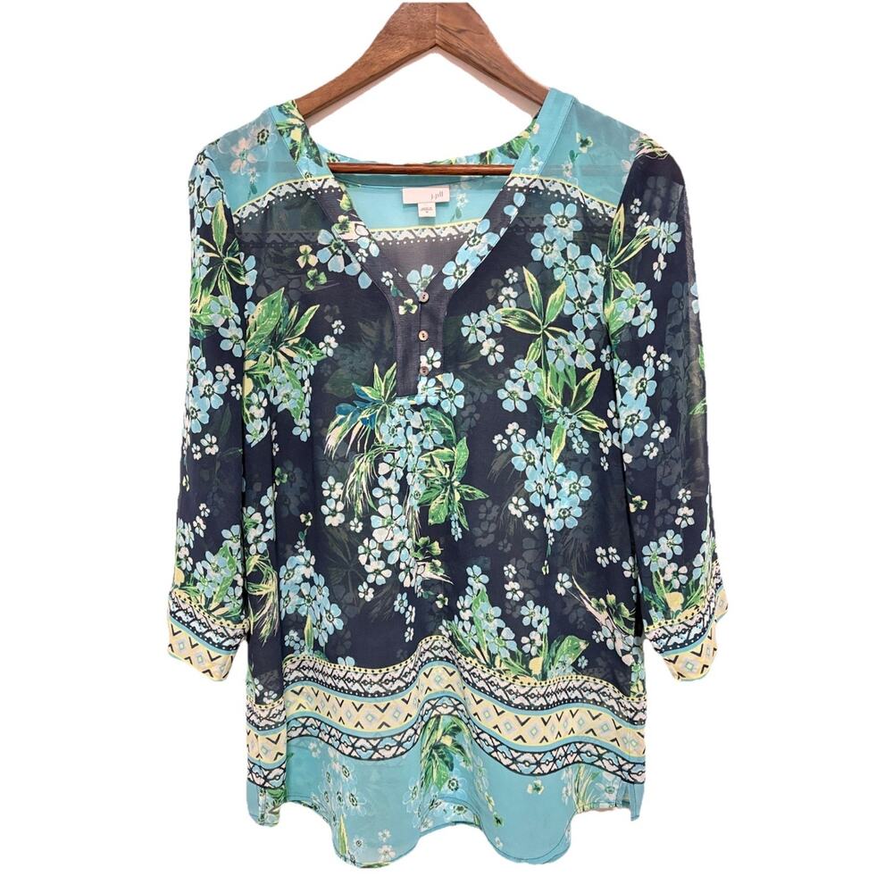 J Jill Floral Blouse Medium Blue Green Sheer Boho Tunic 3/4 Sleeve Top